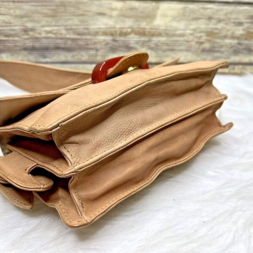 Uterque Natural Tan Brown Leather Front Buckle Small Satchel Purse Shoulder Bag - Picture 7 of 12